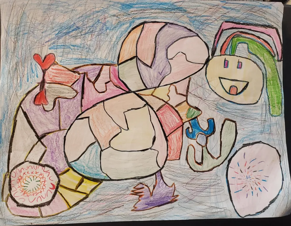 Colorido dibujo abstracto con formas irregulares llenas de tonos pastel de rosa, morado y verde. Una cara sonriente y el arco iris añaden un tono alegre y divertido.