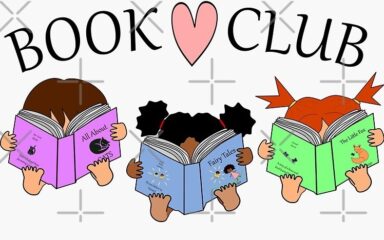 Niños leyendo libros de colores bajo las palabras "Book Club" con el símbolo de un corazón. Todos los niños parecen absortos y concentrados, creando un ambiente acogedor.