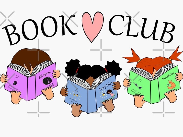 Niños leyendo libros de colores bajo las palabras "Book Club" con el símbolo de un corazón. Todos los niños parecen absortos y concentrados, creando un ambiente acogedor.