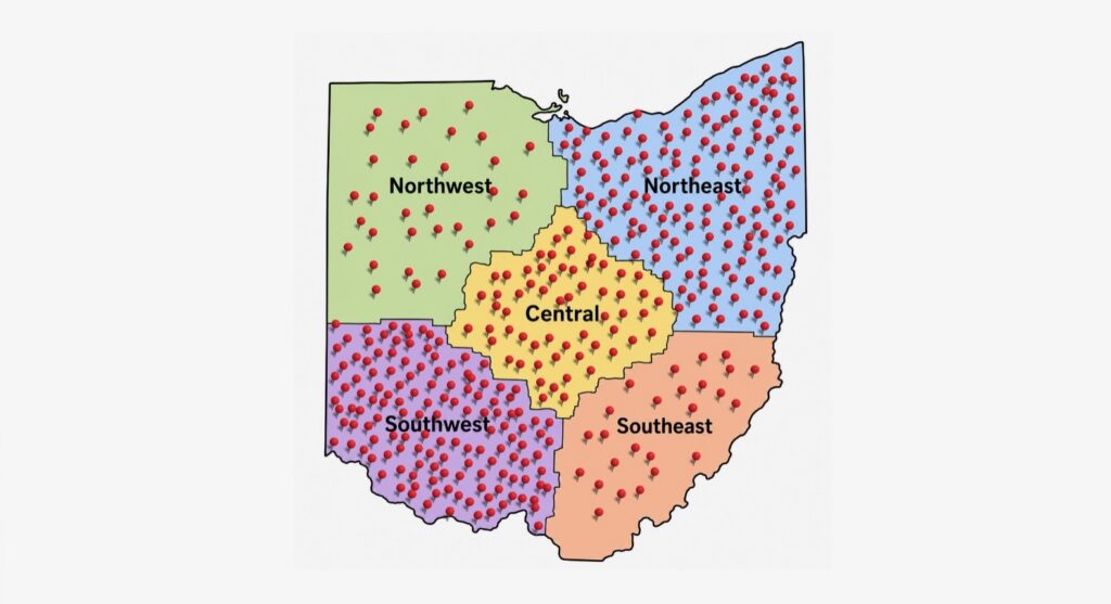Un mapa de los distintos gestos de bondad que han realizado los alumnos de la OHVA en todo el estado de Ohio.