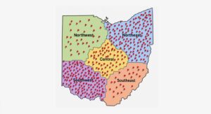 Un mapa de los distintos gestos de bondad que han realizado los alumnos de la OHVA en todo el estado de Ohio.