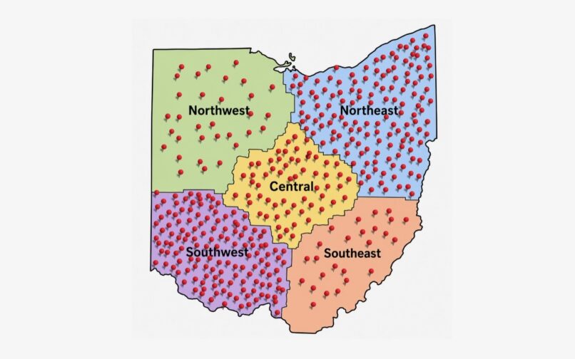 Un mapa de los distintos gestos de bondad que han realizado los alumnos de la OHVA en todo el estado de Ohio.